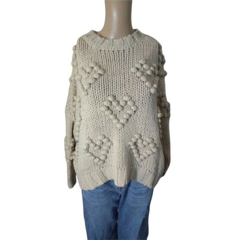 Elan Heart Pom Pom Long Sleeve Crew Neck Oversized Sweater